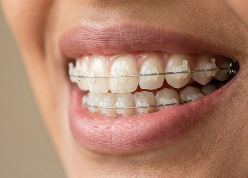 Close-up of ceramic braces on teeth