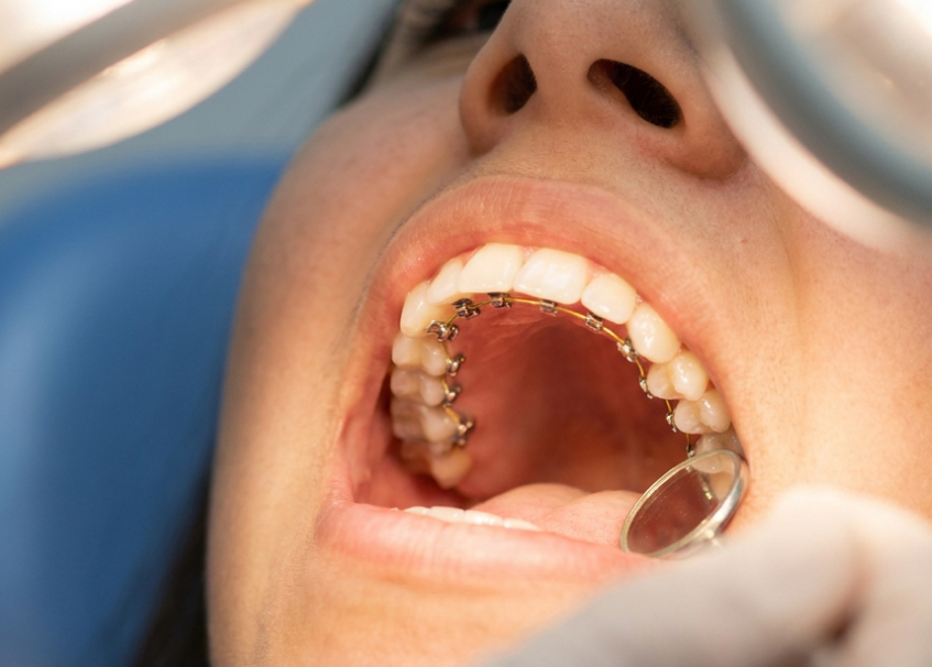 Close-up of lingual braces on teeth
